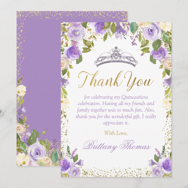Elegant Purple Floral Sparkle Gold Quinceanera  Thank You Card (Front/Back)