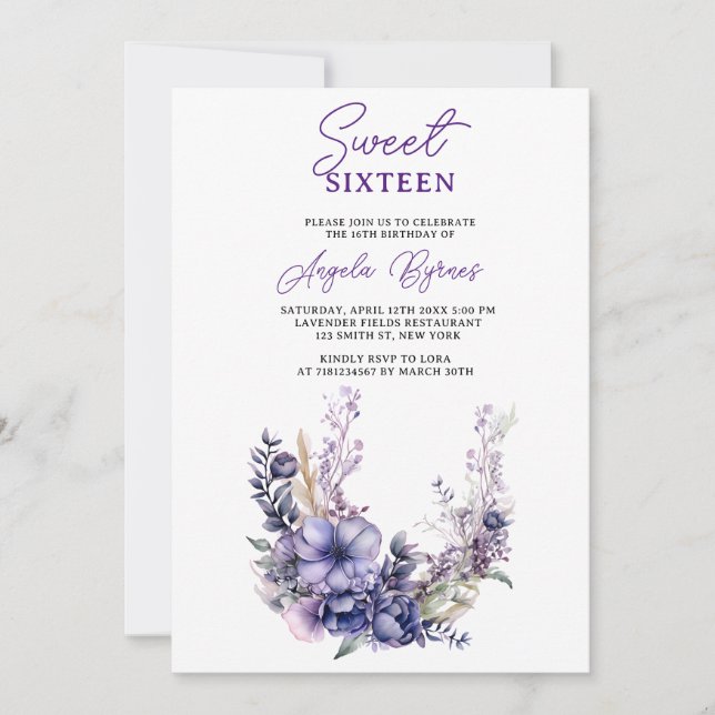 Elegant Purple Floral Sweet Sixteen Birthday Invitation (Front)