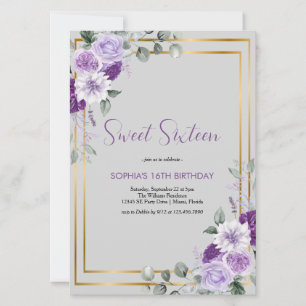 Elegant Purple Floral Sweet Sixteen Gold Accents Invitation