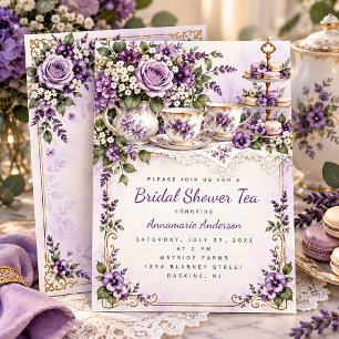 Elegant Purple Floral Tea Party Bridal Shower   Invitation