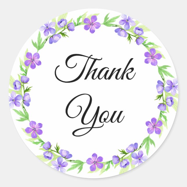 Elegant Purple Floral Thank You Classic Round Sticker (Front)