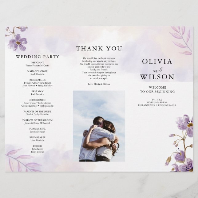 Elegant Purple Floral Trifold Wedding Program Flyer (Front)