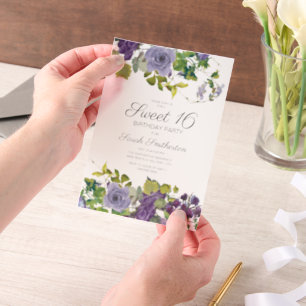 Elegant Purple Floral Vines Sweet 16  Vellum Invitations