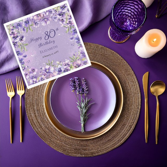 Elegant Purple Floral Violets 80th Birthday Party  Napkin (Boho Elegant Purple Floral Violets 80th Birthday Party Napkins)