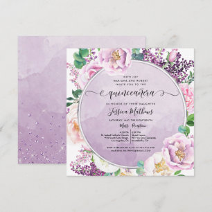Elegant Purple Floral, Watercolor Quinceañera Invitation