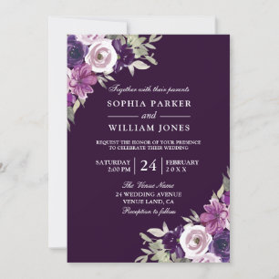 Elegant Purple Floral Watercolor Wedding Invitation