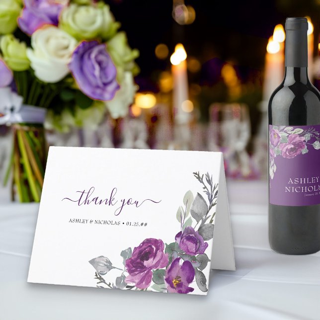 Elegant Purple Floral Watercolor Wedding Thank You Card (Purple floral thank you cards from my Plush Purple Wedding Collection )