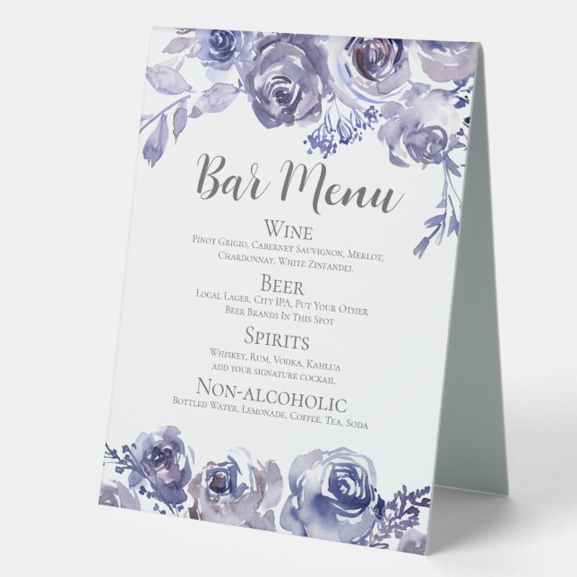 Elegant Purple Floral Wedding Bar Drinks Menu (Front)