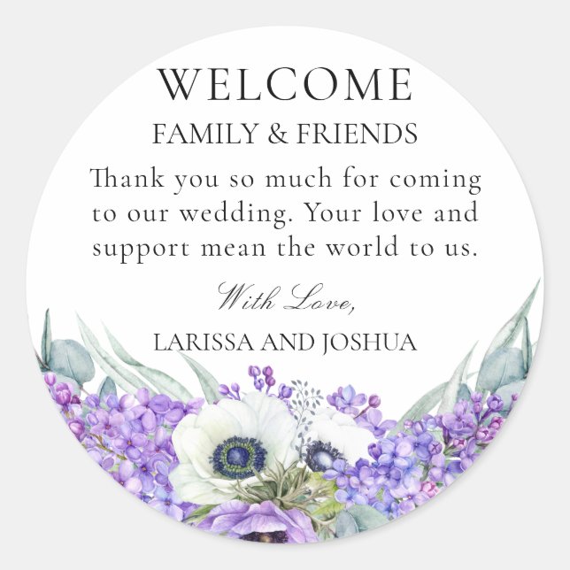 Elegant Purple Floral Wedding Favour Thank You Cla Classic Round Sticker (Front)