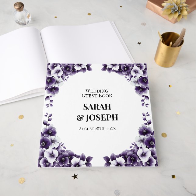 Elegant Purple Floral Wedding Guest Book (Front Open)