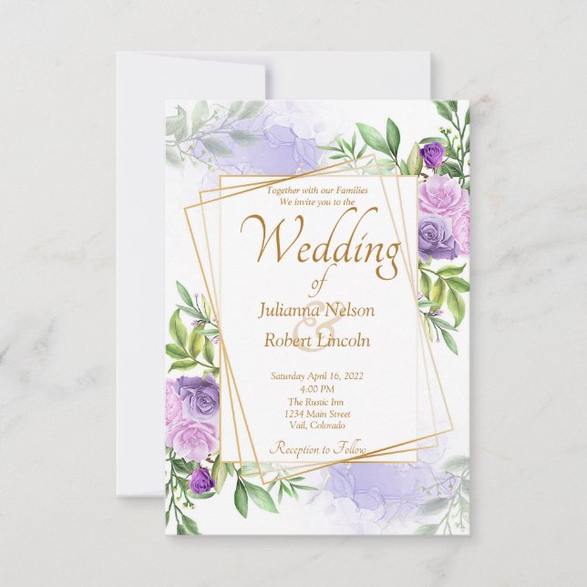 Elegant purple floral wedding invitation (Front)