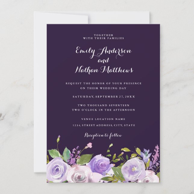 Elegant Purple Floral Wedding Invitation (Front)