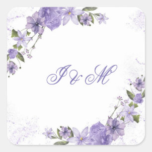 Elegant Purple Floral Wedding Invitation Square Sticker