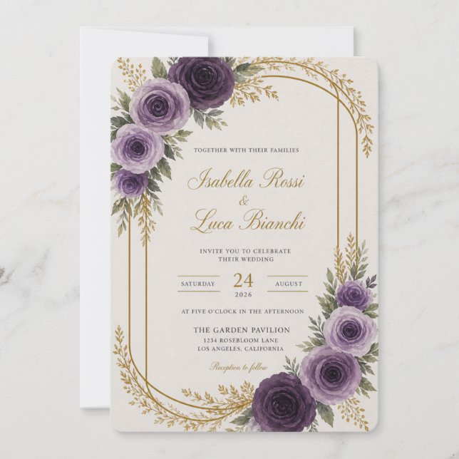Elegant Purple Floral Wedding Invitation Template (Front)