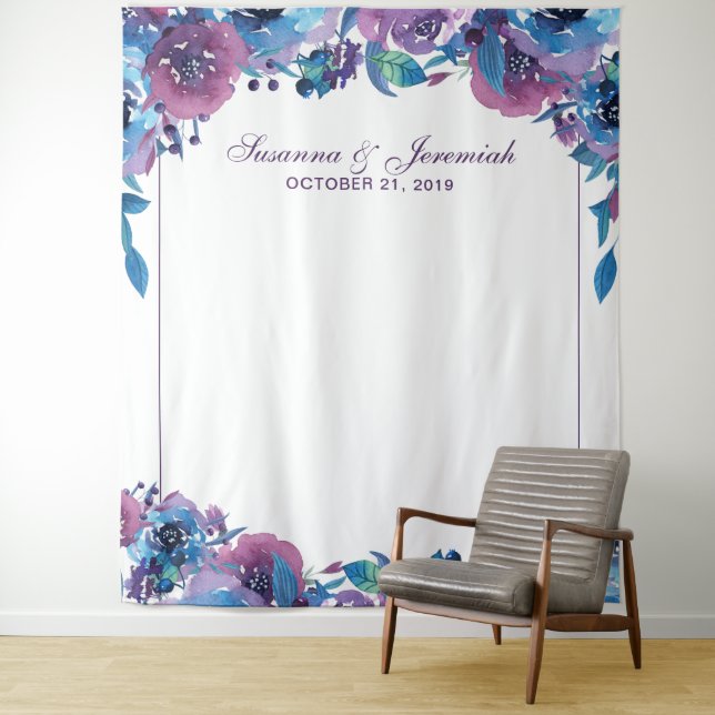Elegant Purple Floral Wedding Photo Booth Backdrop Tapestry (In Situ)