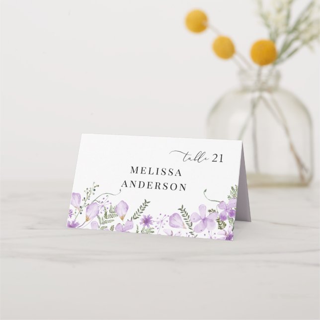 Elegant Purple Floral Wedding Place Card  (Front)