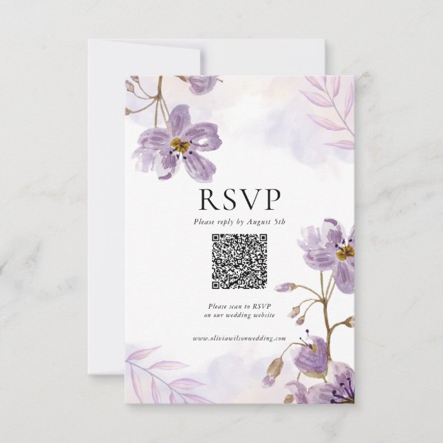 Elegant Purple Floral Wedding Response QR Code (Front)