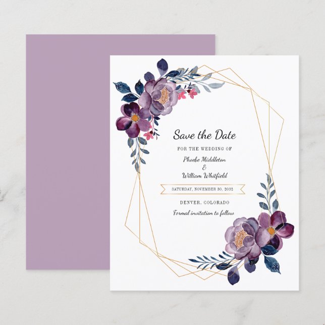 Elegant Purple Floral Wedding Save The Date (Front/Back)
