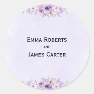 elegant Purple Floral Wedding Stickers! Classic Round Sticker