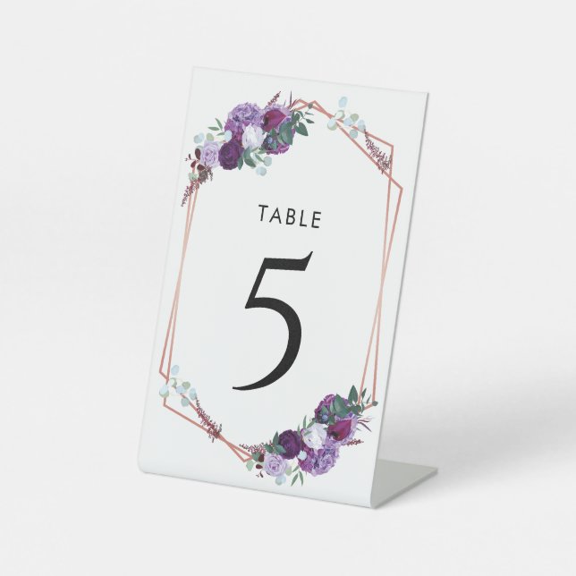 Elegant Purple Floral Wedding Table Number Pedestal Sign (Front)