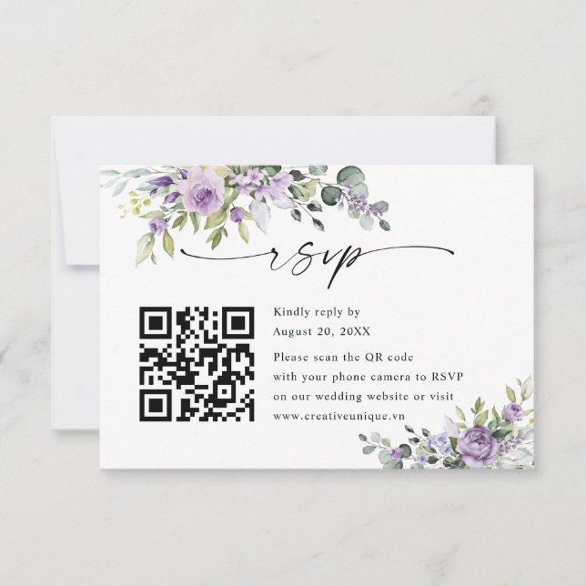 Elegant Purple Floral Wedding Website QR Code RSVP Card (Front)