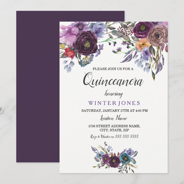 Elegant Purple Floral Winter Quinceanera Invite (Front/Back)