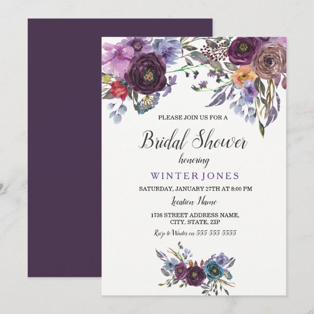 Elegant Purple Floral Winter Wedding Bridal Shower Invitation (Front/Back)