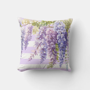 Elegant purple floral wisteria purple white strips cushion