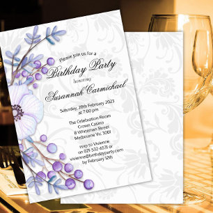 Elegant Purple Floral Wreath Damask Birthday Invitation