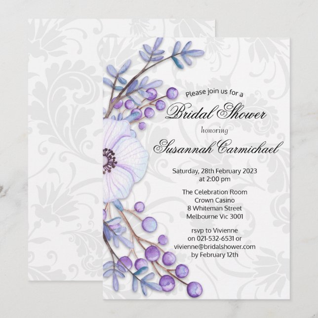 Elegant Purple Floral Wreath Damask Bridal Shower Invitation (Front/Back)