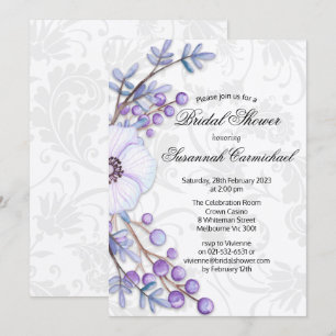 Elegant Purple Floral Wreath Damask Bridal Shower Invitation