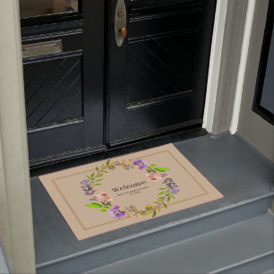 Elegant Purple Floral Wreath Personalised Welcome Doormat
