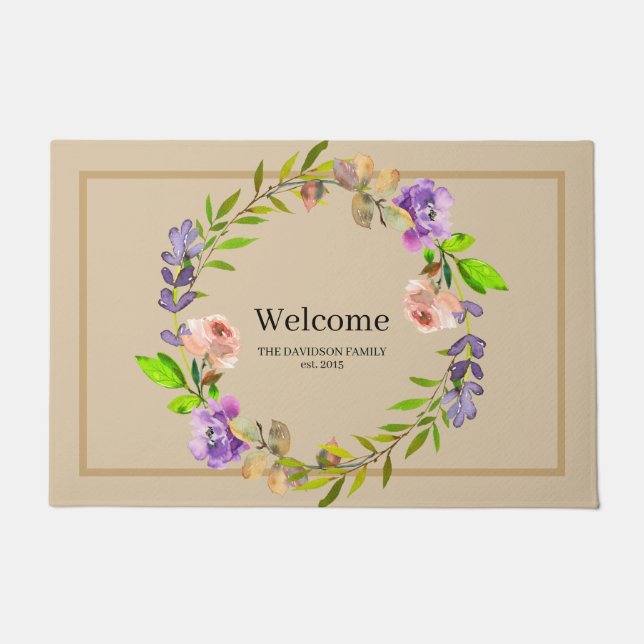Elegant Purple Floral Wreath Personalised Welcome Doormat (Front)