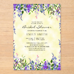 Elegant Purple Floral Yellow Bridal Shower Acrylic Invitations