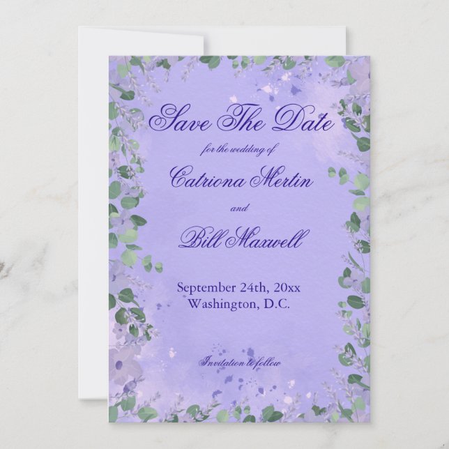 Elegant Purple Florals Wedding Save The Date Card (Front)