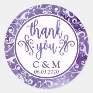 Elegant Purple Flourishes Wedding Thank You Classic Round Sticker