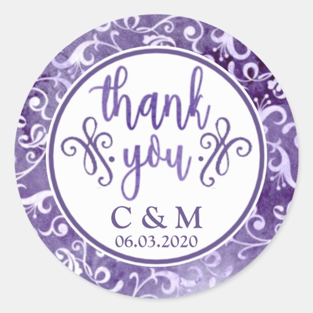 Elegant Purple Flourishes Wedding Thank You Classic Round Sticker (Front)