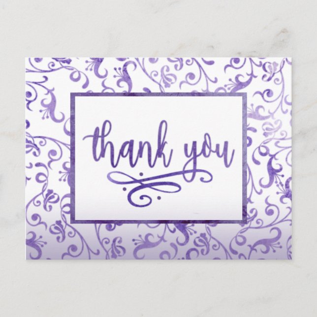 Elegant Purple Flourishes Wedding Thank You Postcard (Front)