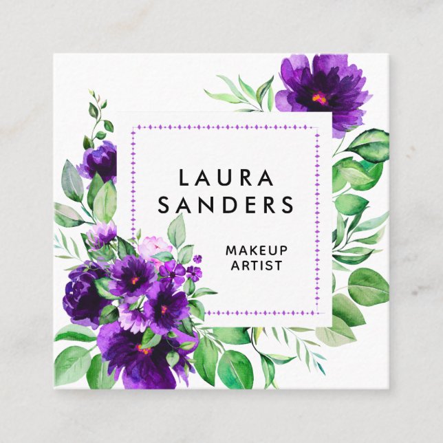 Elegant Purple Flower Makeup Artist Square Business Card (Front)