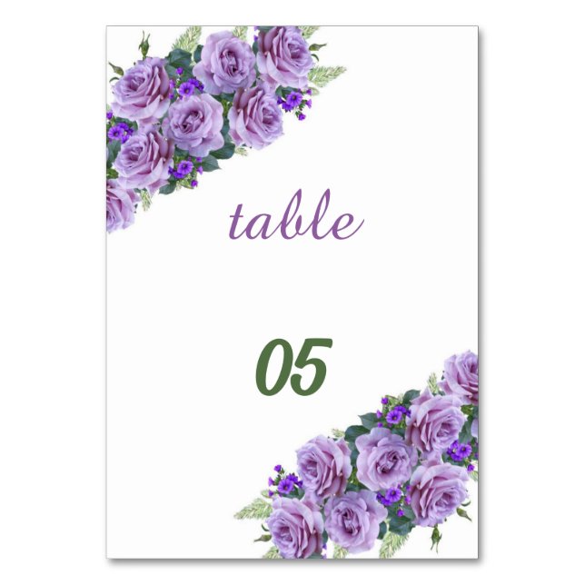 Elegant Purple Flower Personalised Wedding Table Number (Front)