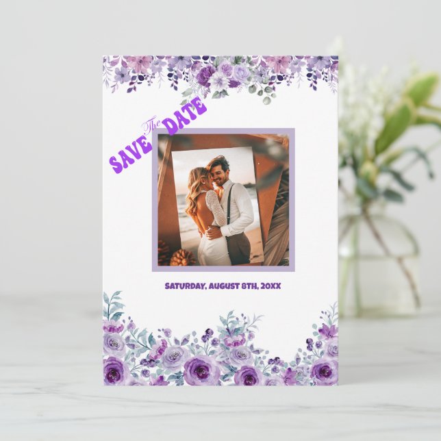 Elegant purple flower save the date (Standing Front)
