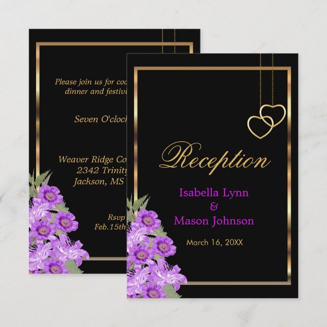 Elegant Purple Flower Wedding  - Reception Invitation (Front/Back)