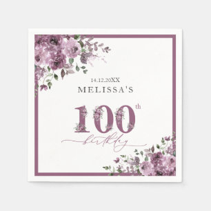 Elegant Purple Flowers 100th Birthday Party Napkin