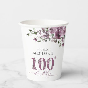 Elegant Purple Flowers 100th Birthday Party Paper Cups