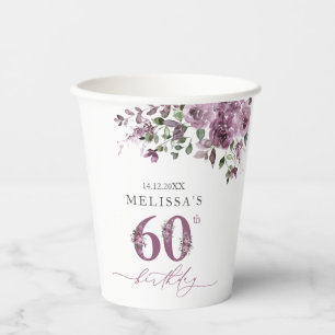 Elegant Purple Flowers 60th Birthday Party Paper Cups