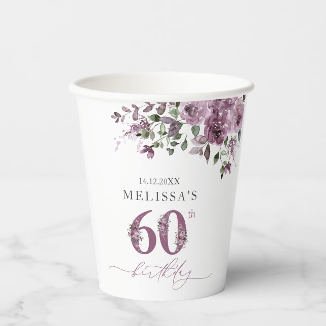 Elegant Purple Flowers 60th Birthday Party Paper Cups (Front)