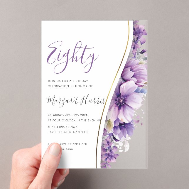 Elegant Purple Flowers 80th Eighty Birthday Acrylic Invitations (Insitu (Handheld))