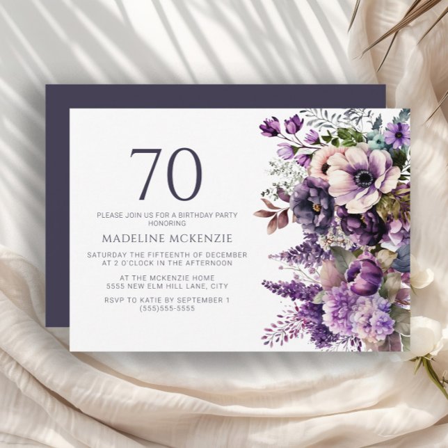 Elegant Purple Flowers Adult 70th Birthday Invitation (Purple and pink floral 70th birthday party invitation)