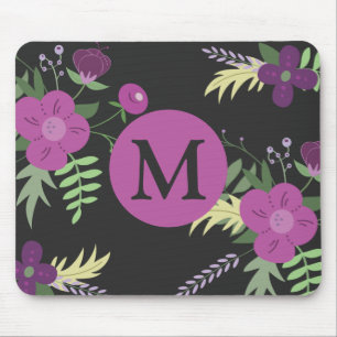 Elegant Purple Flowers Art on Black Monogram Mouse Mat