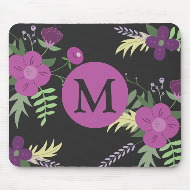 Elegant Purple Flowers Art on Black Monogram Mouse Mat (Front)